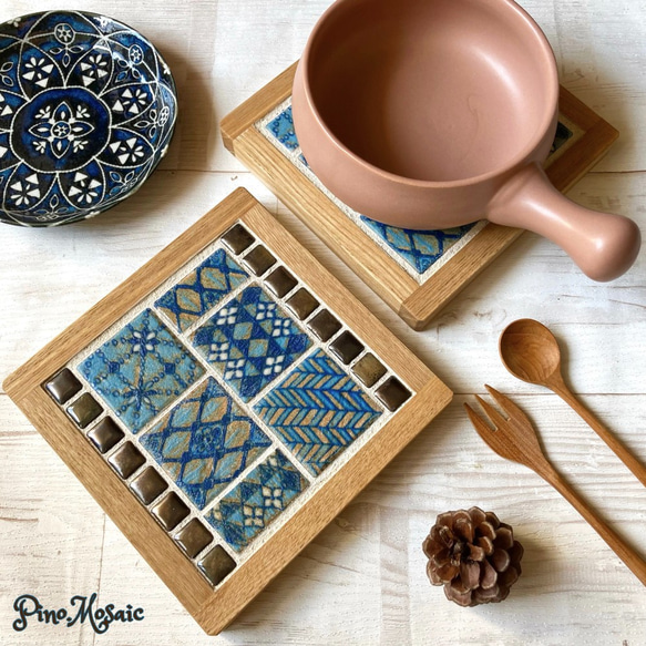 再販1】モザイクタイル鍋敷き（ 藍染 ・ 青 & レトロ ／オーダー木枠