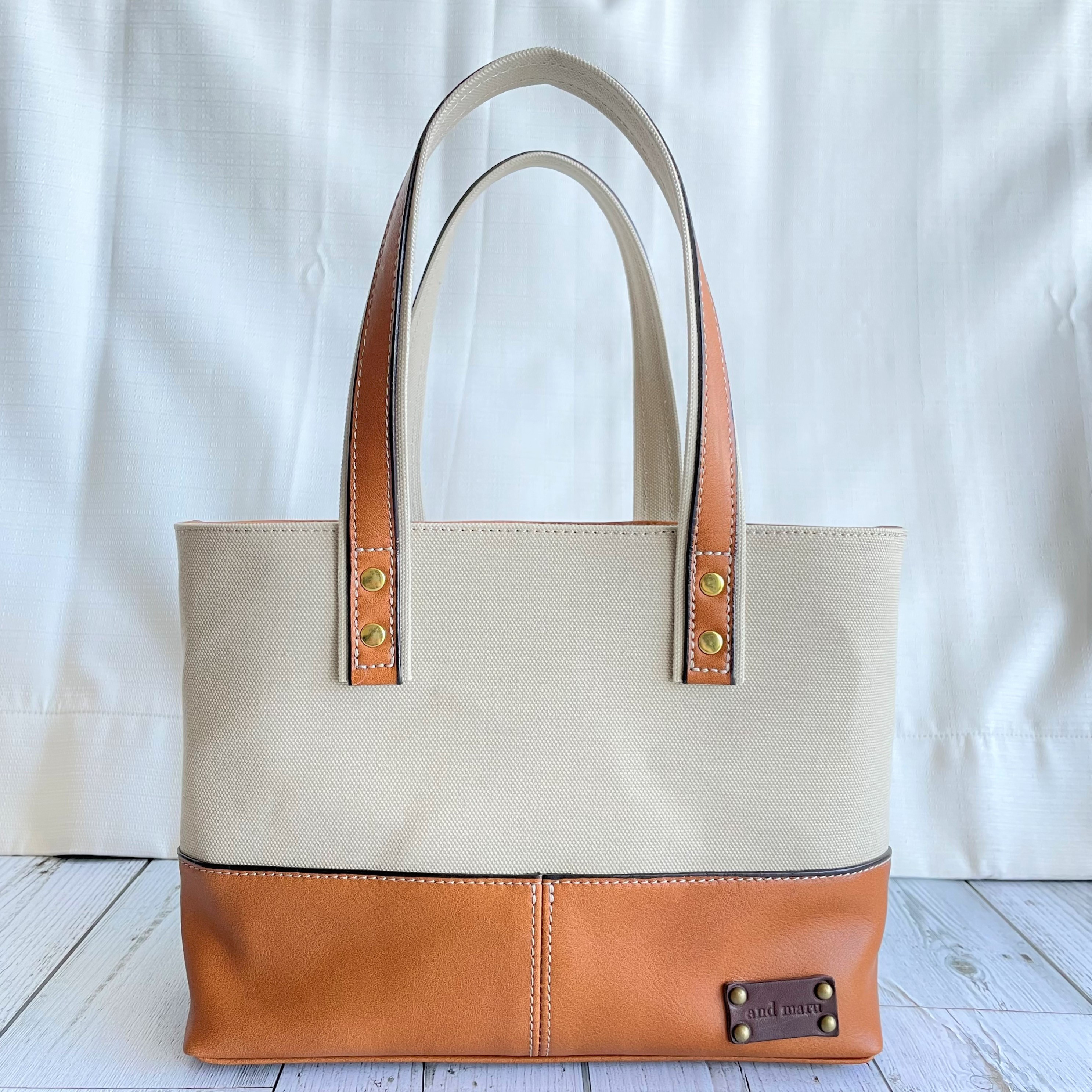 【アイボリー×キャメル】帆布と本革の小さめトートバッグ