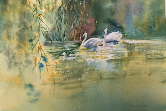 油彩画 白鳥のいる湖 白鳥の湖」 by hakokaze｜Artmeter｜暮らしを彩る