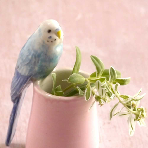 セキセイインコの一輪挿し （陶器の小鳥オブジェ） 一輪挿し