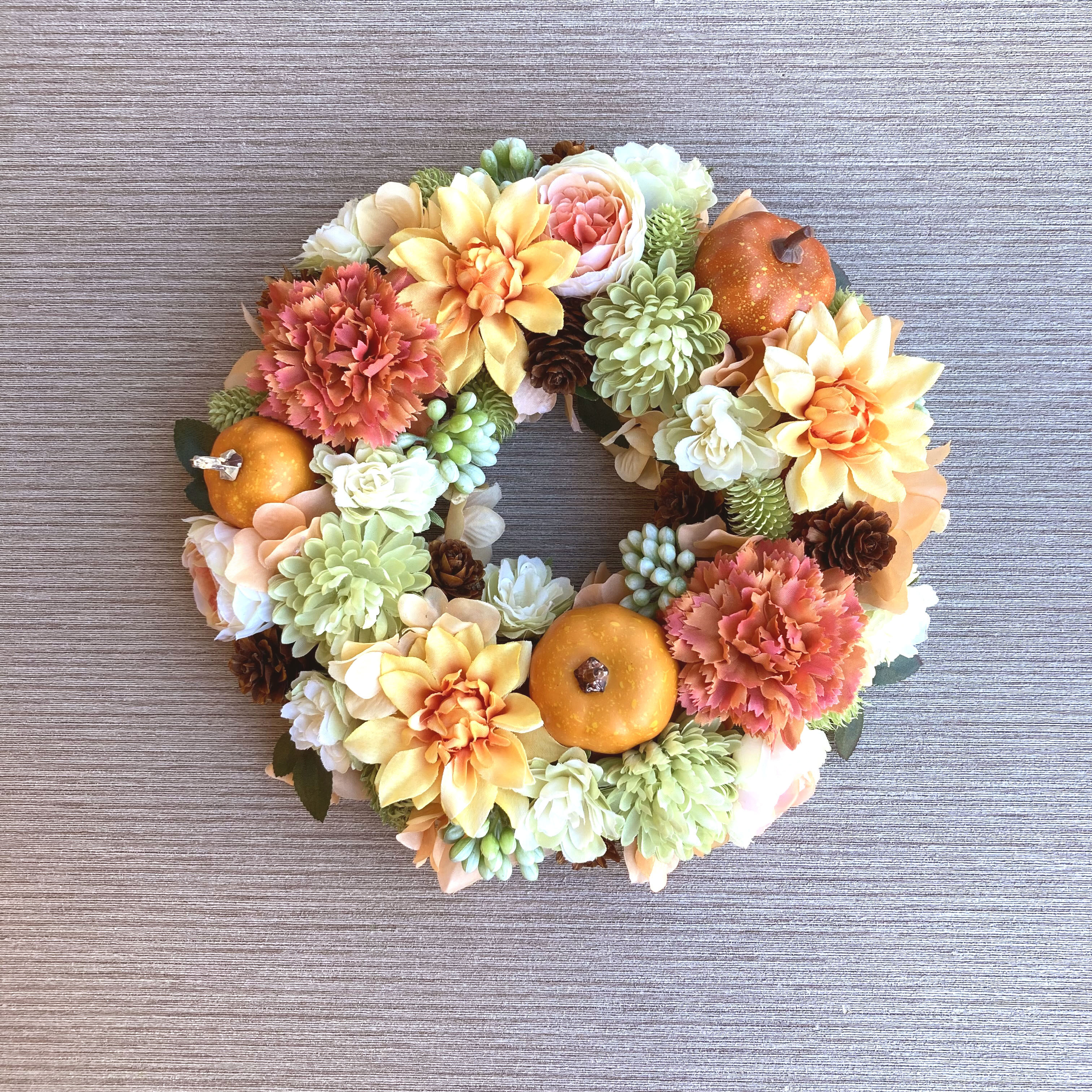 数量限定【ハロウィン・サンクスギビング】お花たっぷりのオータムリース　２５cm／Ⅿサイズ