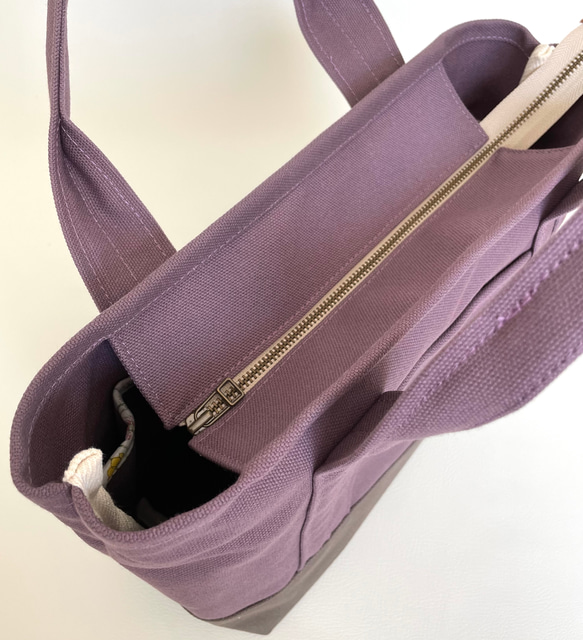 8号帆布の2wayトートバック　Sサイズ　紫×スモーキーグレー 4枚目の画像