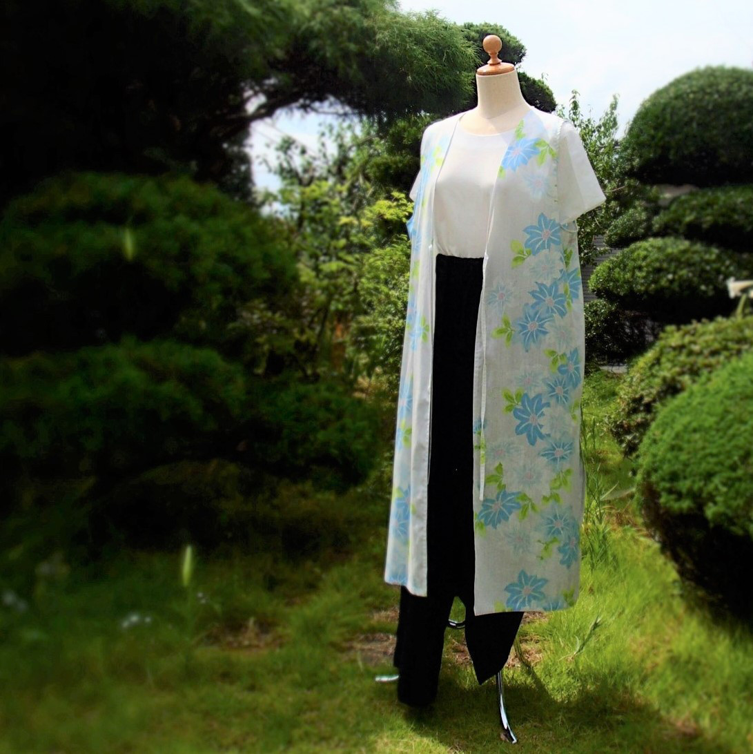 浴衣生地☆ロングジレ『夕涼み』("Feel the cool evening breeze")水色