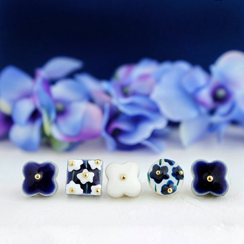 ピアス8点セット（ブルー系） 定番人気】ネイビー ブルー ホワイト 花 美濃焼 ピアス 冬 イヤリング