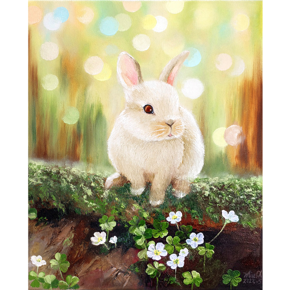 手描き 原画 油絵 「クローバーの森の子うさぎ」 絵画 Miu.Ch 手描き 原画 油絵 「クローバーの森の子うさぎ」 絵画 Miu.Ch