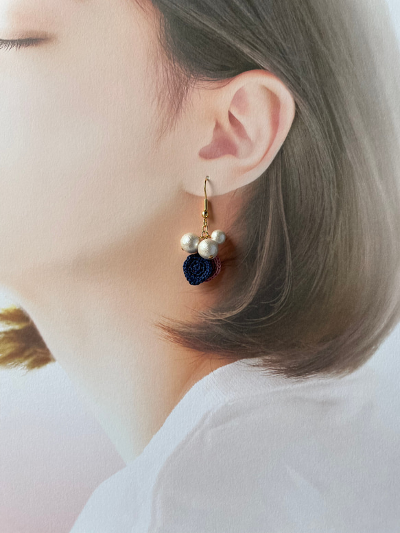 レース編みの葉っぱとコットンパールーピアス.イヤリング 6枚目の画像