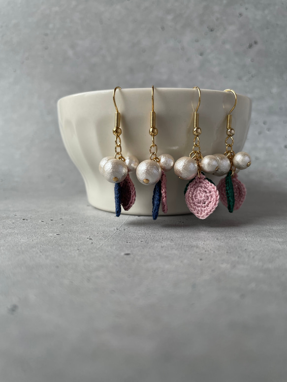 レース編みの葉っぱとコットンパールーピアス.イヤリング 9枚目の画像