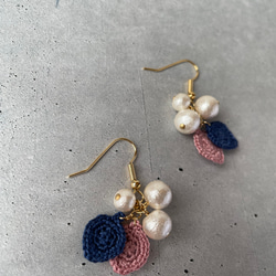 レース編みの葉っぱとコットンパールーピアス.イヤリング 7枚目の画像