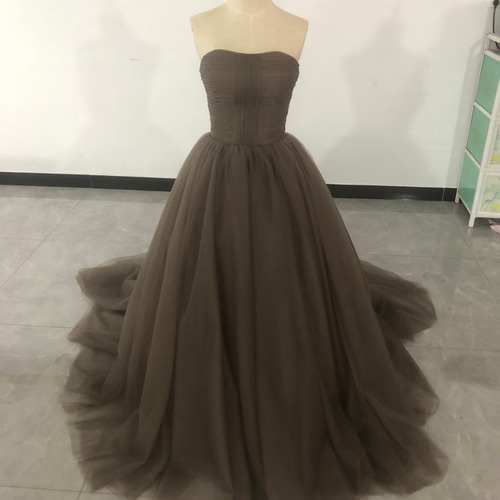 カラードレス コーヒーの色 2waysドレス 取り外しオフショルダー 結婚  