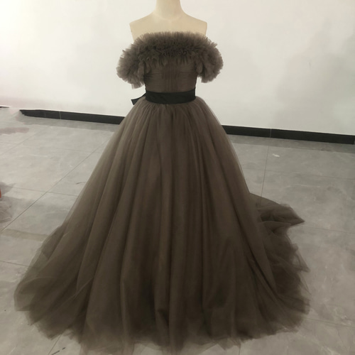 カラードレス コーヒーの色 2waysドレス 取り外しオフショルダー 結婚  