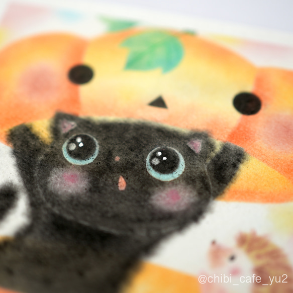 【原画】「かぼちゃの中からハッピーハロウィン」　黒猫　ねこ　ハリネズミ　パステルアート　動物　イラスト 3枚目の画像