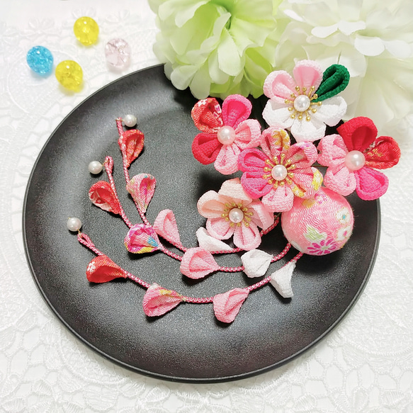 受注制作】37 和装髪飾り くすみピンク えんじ 臙脂 つまみ細工