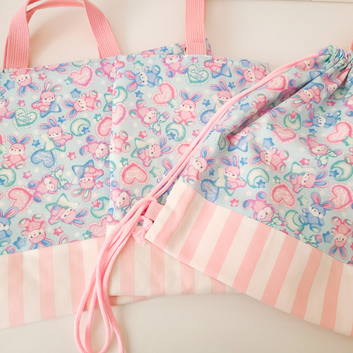 送料無料☆入学・入園3点セット☆うさぎ柄☆レッスンバッグ・上履き