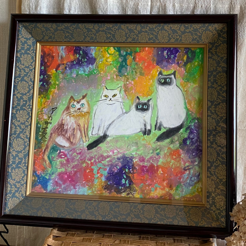 絵画 。壁掛け絵手描き【猫たちのデートの中で素敵なこと】 絵画 。壁掛け絵手描き【猫たちのデートの中で素敵なこと】 絵画