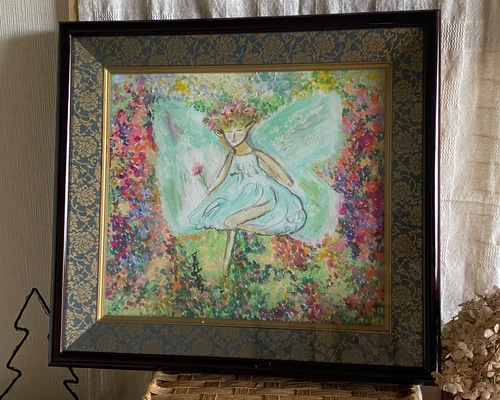 自作絵画 妖精 薔薇 妖精 バラ】複製画 額入り 卓上サイズ パステルアート 女の子