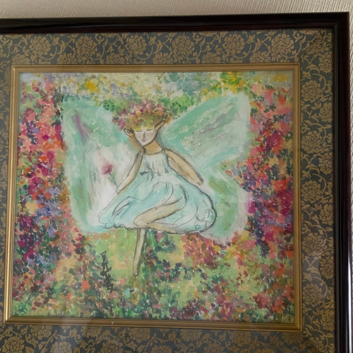 絵画。壁掛け絵原画手描き【花が咲いている世界の妖精が祝福している。】 絵画。壁掛け絵原画【花が咲いている世界の妖精が祝福している。】