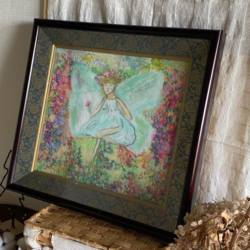 絵画。壁掛け絵原画手描き【花が咲いている世界の妖精が祝福している。】 絵画。壁掛け絵原画【花が咲いている世界の妖精が祝福している。】