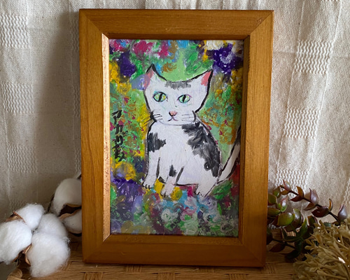 絵画 。手描き【猫たちはテーブルの周りで花瓶の中のきれいな花を見ている】 絵画。壁掛け絵原画手描き【テーブルの上の花瓶の中の美しい花