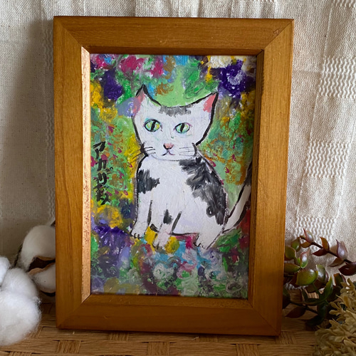 絵画 。原画☆【美しい花畑にきれいな花を植えたかわいいシャム猫】 絵画 。原画☆【美しい花畑にきれいな花を植えたかわいいシャム