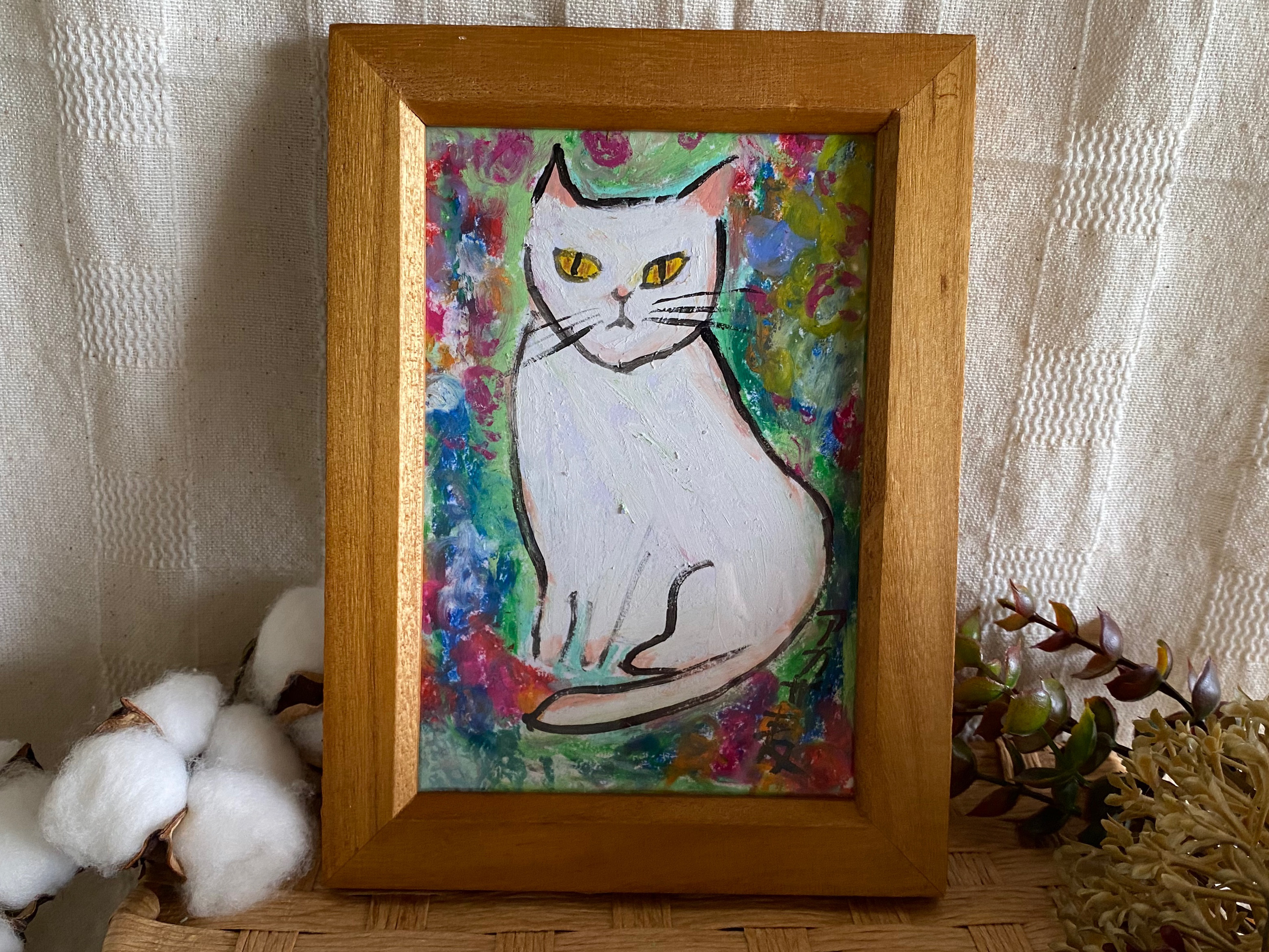 絵画 。壁掛け絵原画手描き【花の部屋でバイオリンが好きな白い猫】-