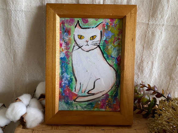 プレゼント絵画。壁掛け原画【ピアノの部屋の椅子の上の白い猫と美しい