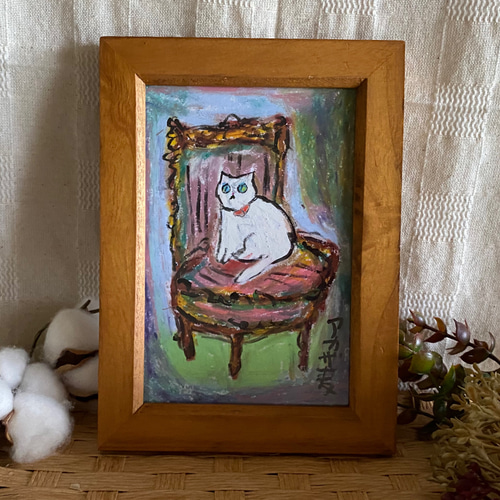 絵画。壁掛け絵原画手描き【ヨーロッパ風の椅子と白い猫】01 絵画 ...
