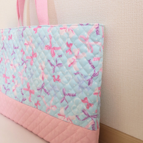 ◇レッスンバック＆上履き入れ2点セット☆*。水色リボン×ピンク