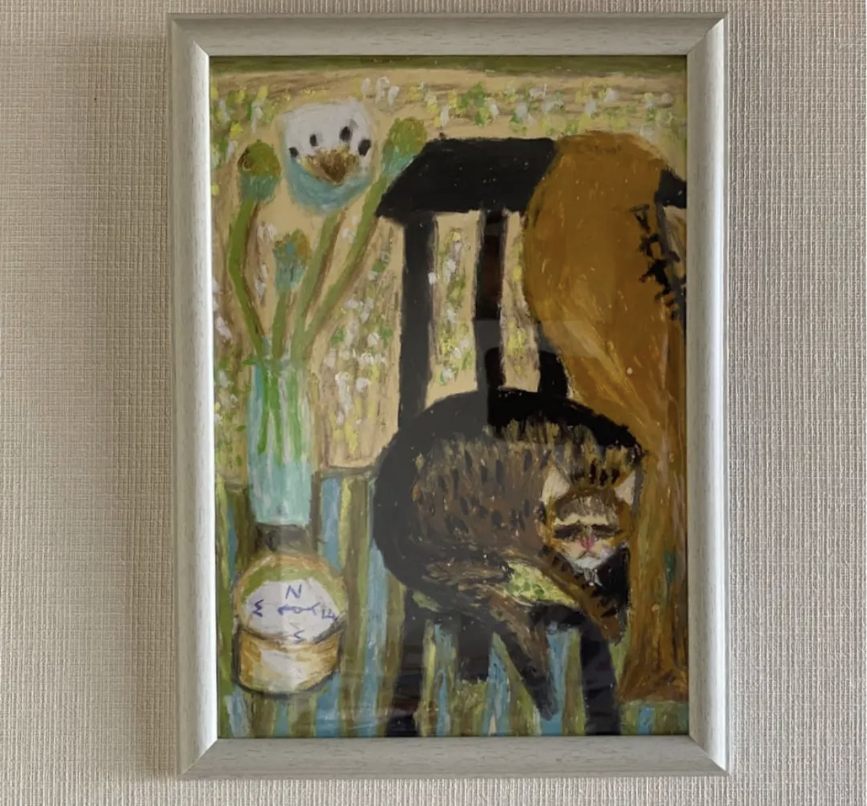絵画 。壁掛け絵原画手描き、【椅子で寝ているヒョウ柄の猫