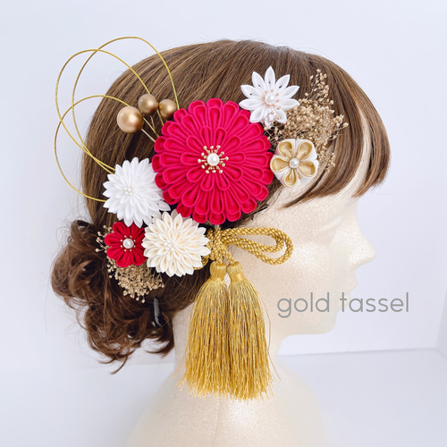 つまみ細工 髪飾り 【赤×アイボリー×白】 成人式 七五三 ウェディング