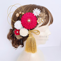 つまみ細工 髪飾り 【赤×アイボリー×白】 成人式 七五三 ウェディング