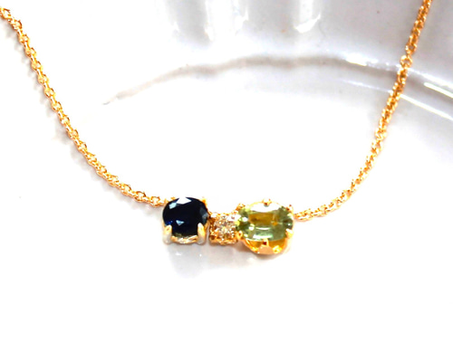 aki -k18 + k18gp Diamond & Green & Blue Spphire Necklace