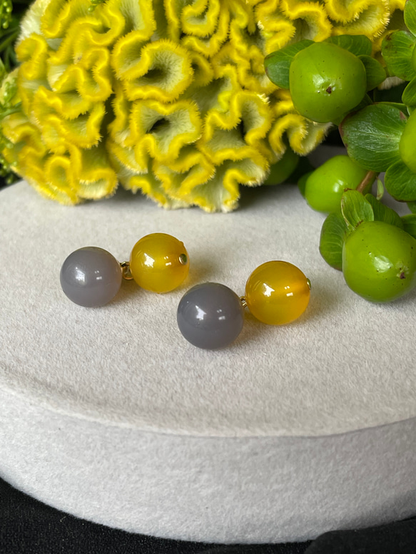 【春恋ピアス】yellow color jade  ×  grey onyx ピアス/イヤリング 11枚目の画像