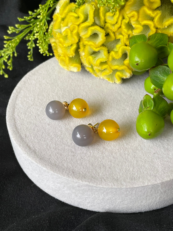 【春恋ピアス】yellow color jade  ×  grey onyx ピアス/イヤリング 12枚目の画像