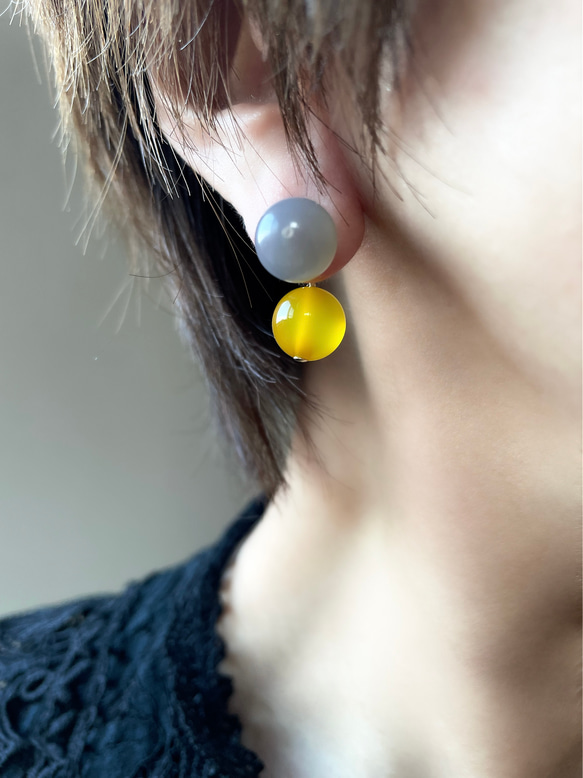 【春恋ピアス】yellow color jade  ×  grey onyx ピアス/イヤリング 3枚目の画像