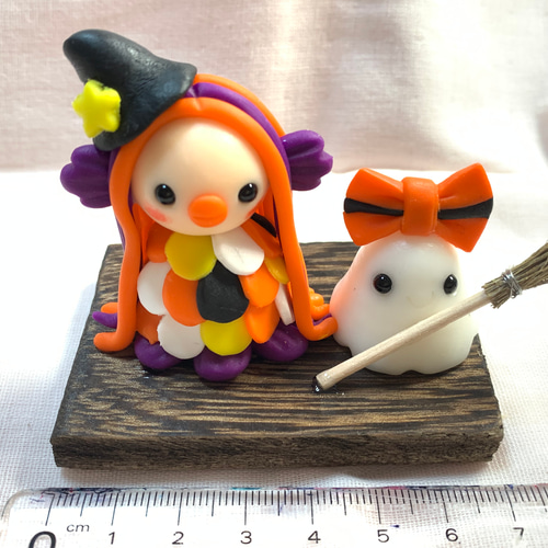 アマビエ&オバケ★ハロウィン ☆ハロウィンのアマビエとおばけちゃん(受注生産) 樹脂粘土 置物