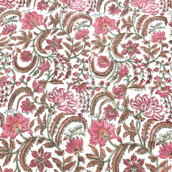 【50cm単位】ホワイトピンクフラワーブラウンリーフ　インド　ハンドブロックプリント生地　テキスタイル 3枚目の画像