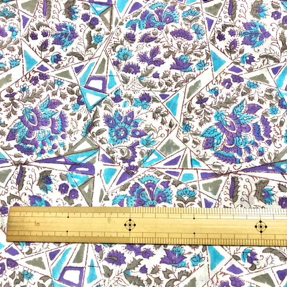 【50公分增量】白藍紫幾何單耳圖案印度手工版畫織物紡織品 第7張的照片