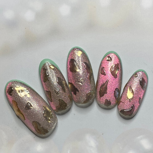 再販☆秋ネイル/ミラーレオパードネイル/オータム/フレンチネイル