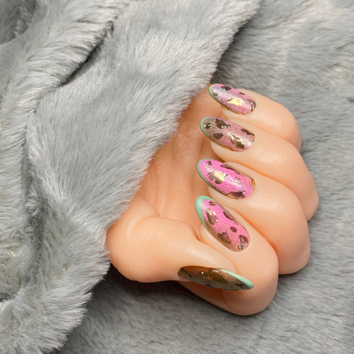 再販☆秋ネイル/ミラーレオパードネイル/オータム/フレンチネイル  