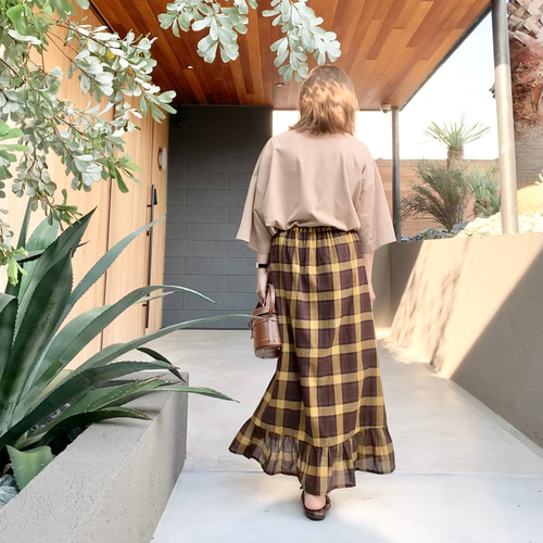 コットンウールローンタータンチェック フレアフリルロングスカート