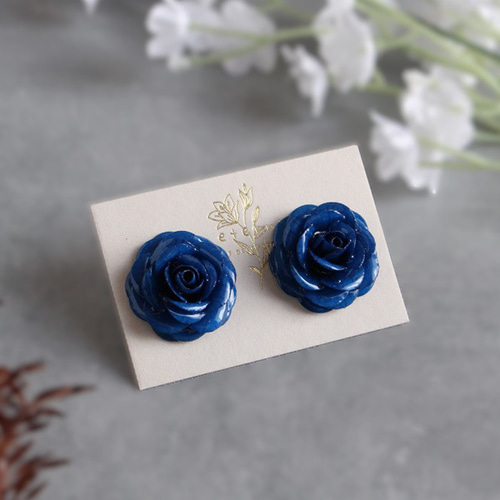 深海ブルーローズ イヤリング ピアス 大ぶり 濃青 シック イヤリング
