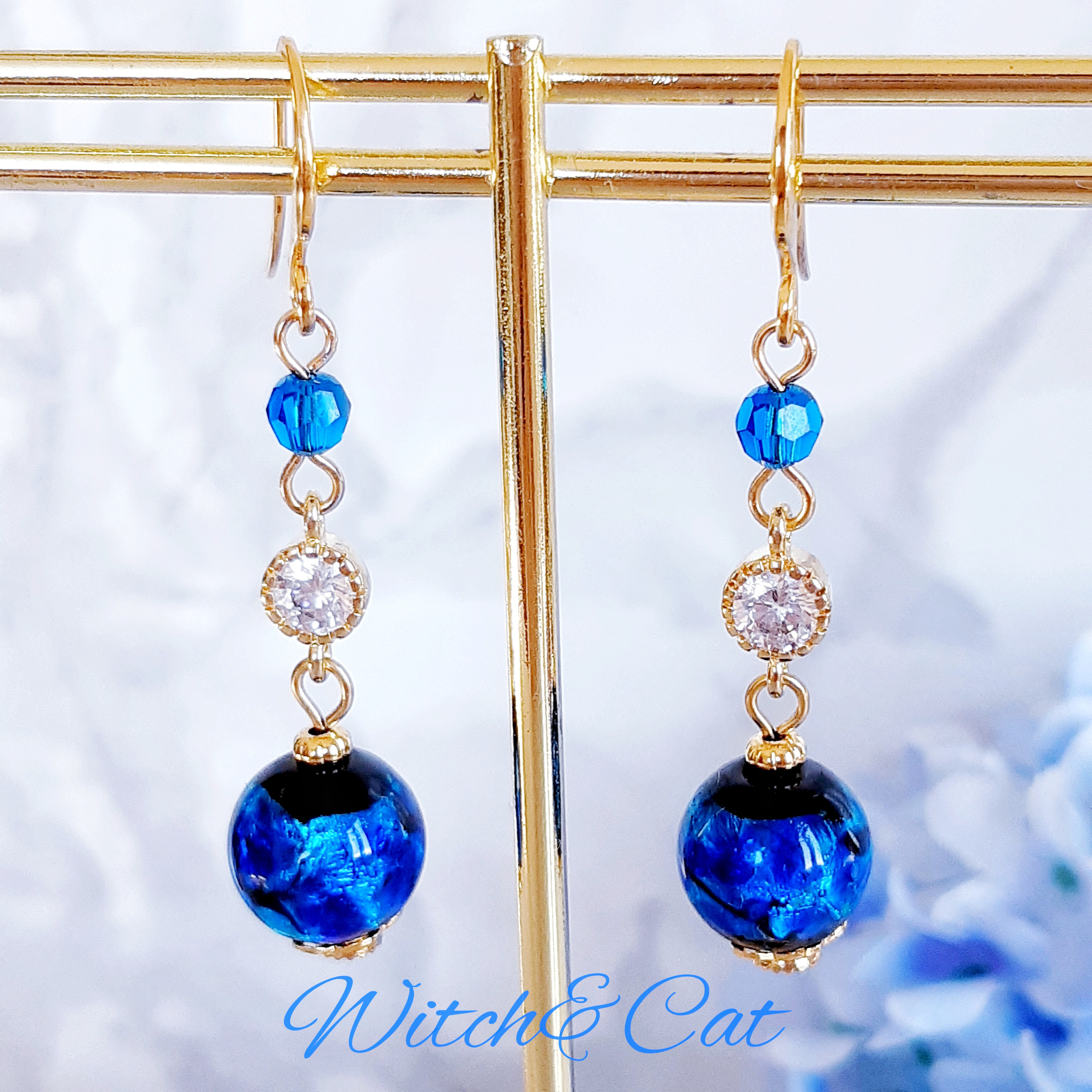 ★夏におすすめ★【青の洞窟　ピアス/イヤリング】　魔女　ホタルガラス　とんぼ玉　キュービックジルコニア　上品　海　ブルー