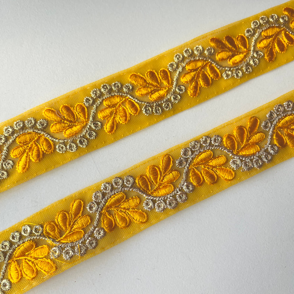 【50cm】インド刺繍リボン　マスタードイエロー　チュール　GN456 1枚目の画像