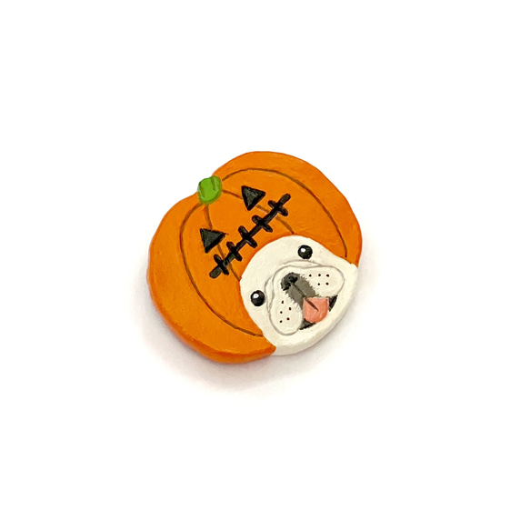 【ハロウィン】ハロウィンかぼちゃのフレブル 陶土ブローチ(クリーム)(濃オレンジ) 2枚目の画像