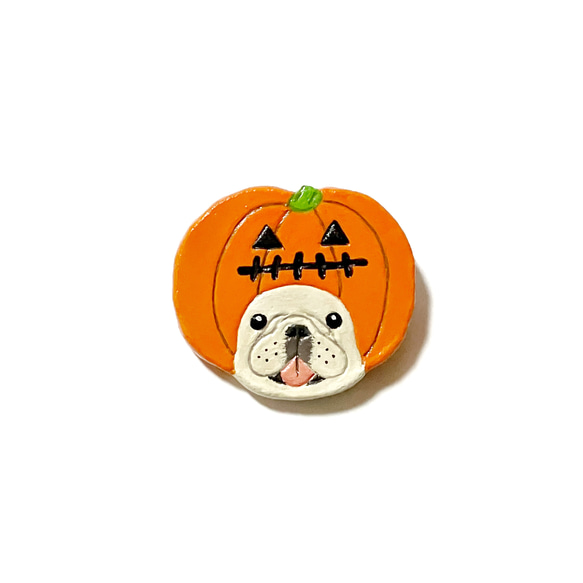 【ハロウィン】ハロウィンかぼちゃのフレブル 陶土ブローチ(クリーム)(濃オレンジ) 1枚目の画像