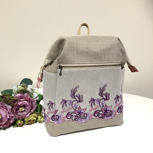 大人のリュック リネン×レース パープル系 リュック・バックパック  