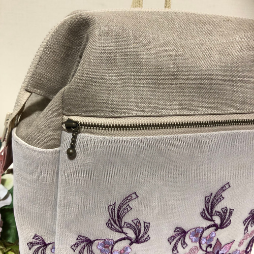 大人のリュック リネン×レース パープル系 リュック・バックパック  