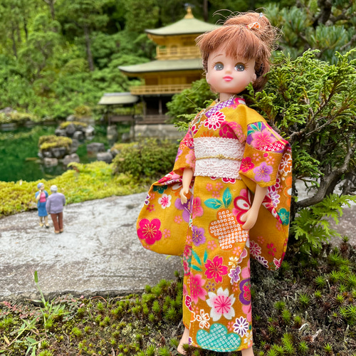 074リカちゃん ブライス ハンドメイド 服 着物 花柄 黄土色 その他人形  