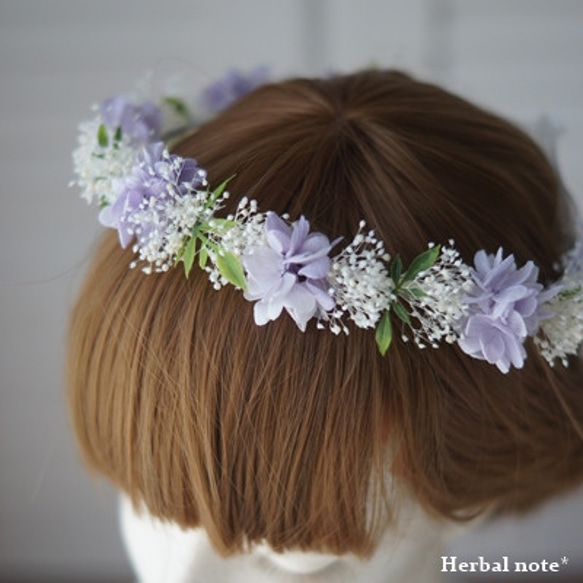 【ベビー♡キッズ】花冠　花かんむり　アジサイとカスミ草　すみれ色　誕生日　七五三　撮影会　発表会 2枚目の画像