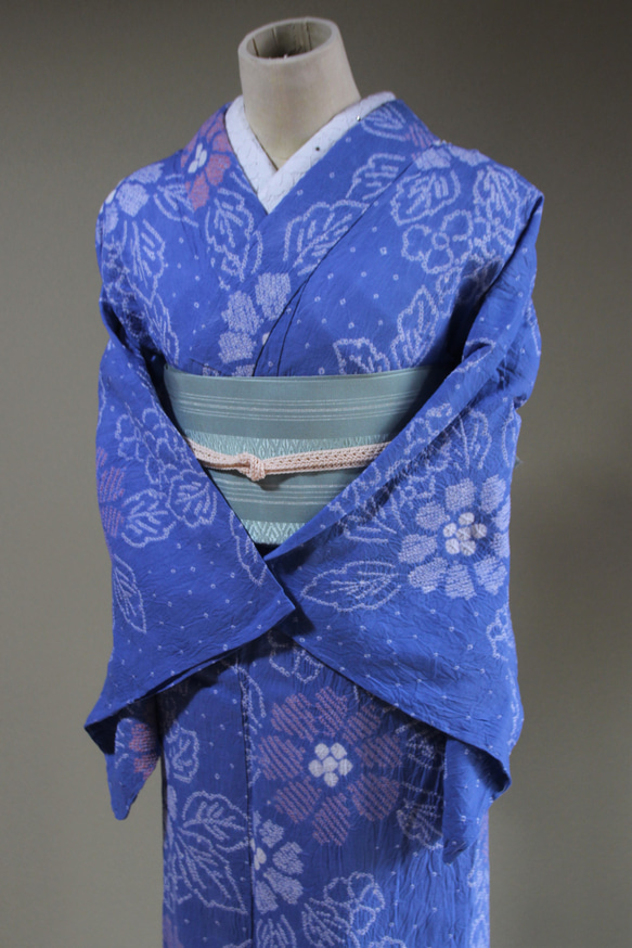 驚きの値段 ◇現代 有松鳴海絞 浴衣◇【落ち着いた水色】涼し気な芙蓉柄が儚 着物・浴衣